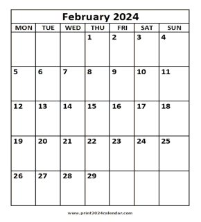 February 2024 printable calendar