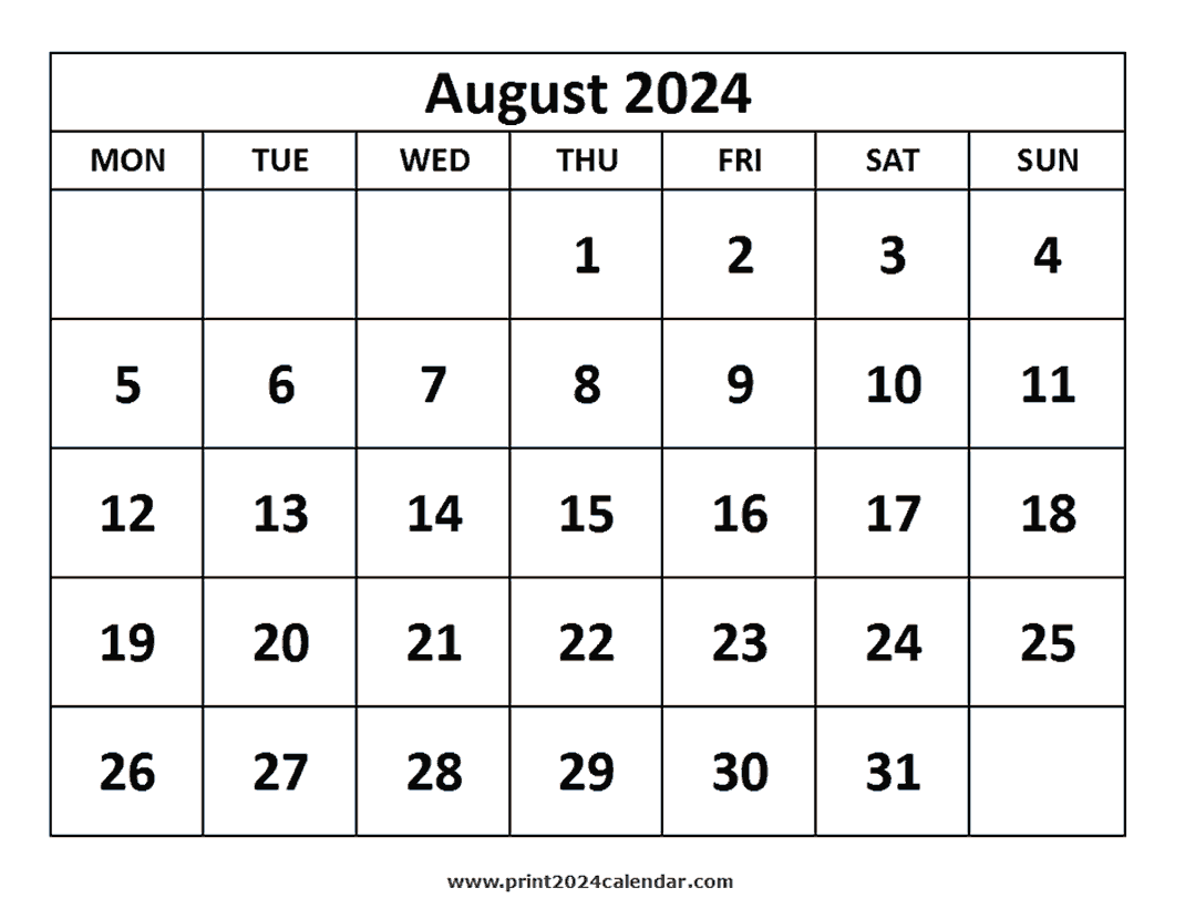 printable August 2024 Calendar